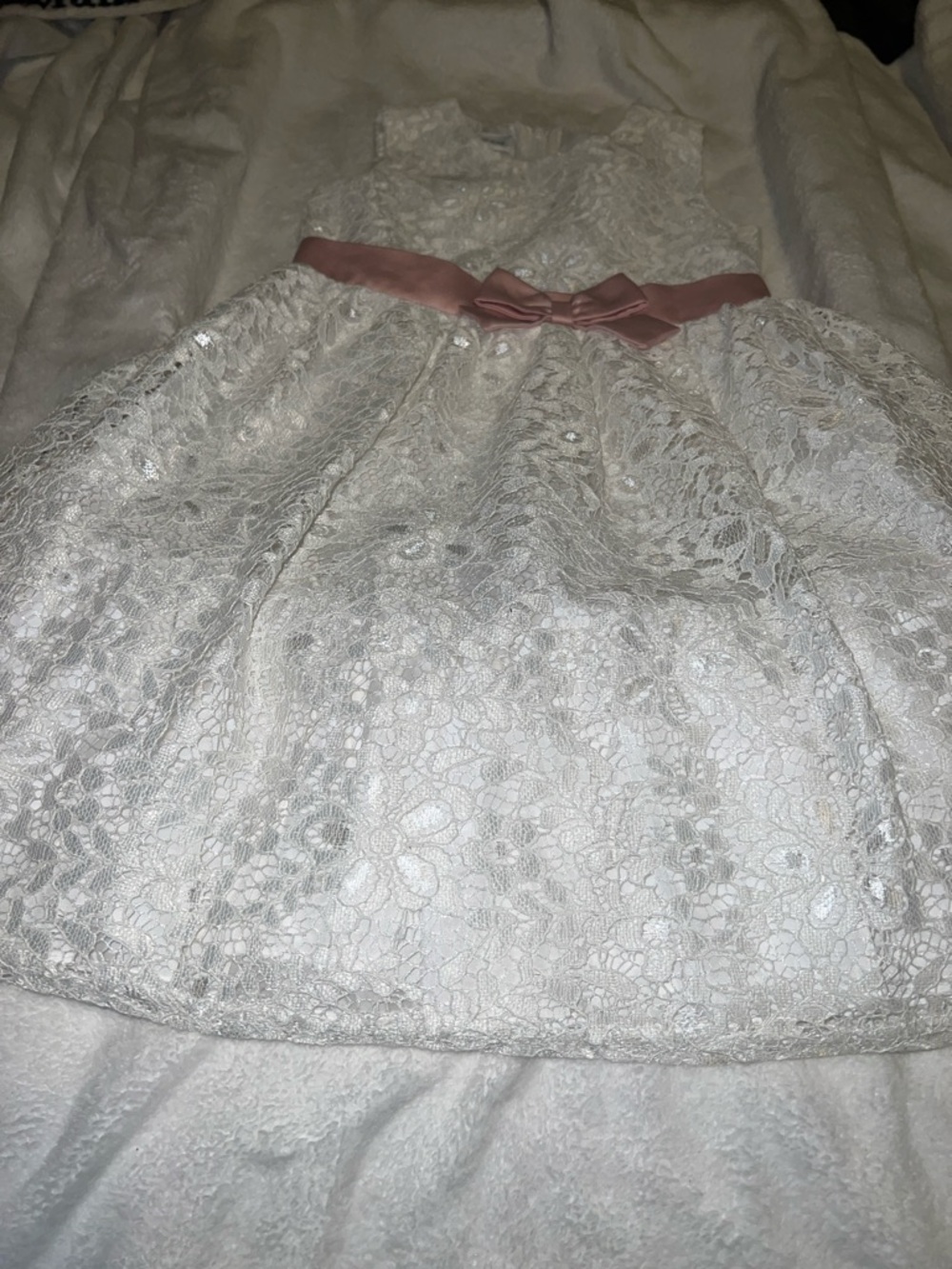 Lace Overlay Girls Dress with Pink Satin Bow